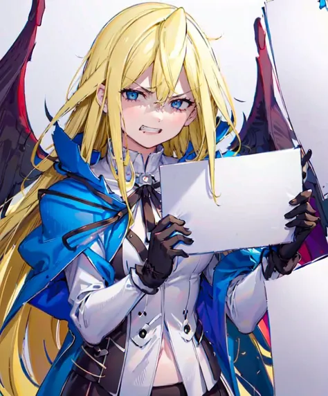<lora:SignV1_124180:1> HS, blank sign, holding blank sign, <lora:RtPL-Malice:1> malice_(riviera), black_wings, blonde_hair, long_hair, blue_cape, white_dress, angel_wings, gloves, evil smile, evil grin, evil, <lora:disgusted:0.75> disgusted face, looking at viewer, portrait,, ultra detailed, masterpiece, best quality, aesthetic, detailed,