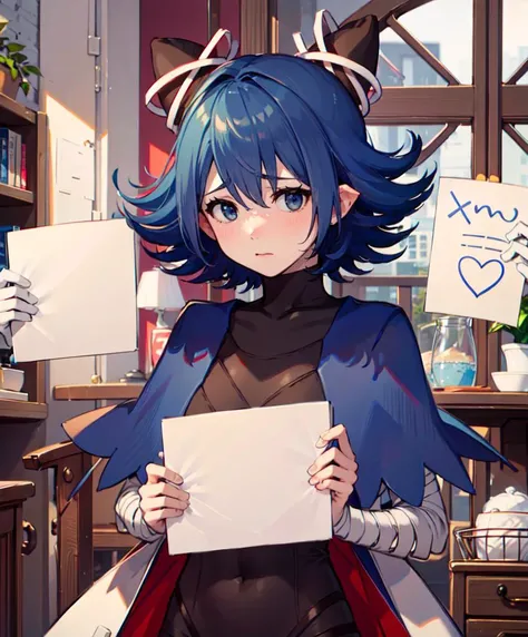 <lora:SignV1_124180:1> HS, white and blue theme, indoors, blank sign, holding blank sign, <lora:RtPL-Serene:1> serene_\(riviera\), blue_capelet, white_coat, black_bodysuit, black_headwear, bandages, short_hair,, ultra detailed, masterpiece, best quality, aesthetic, detailed,