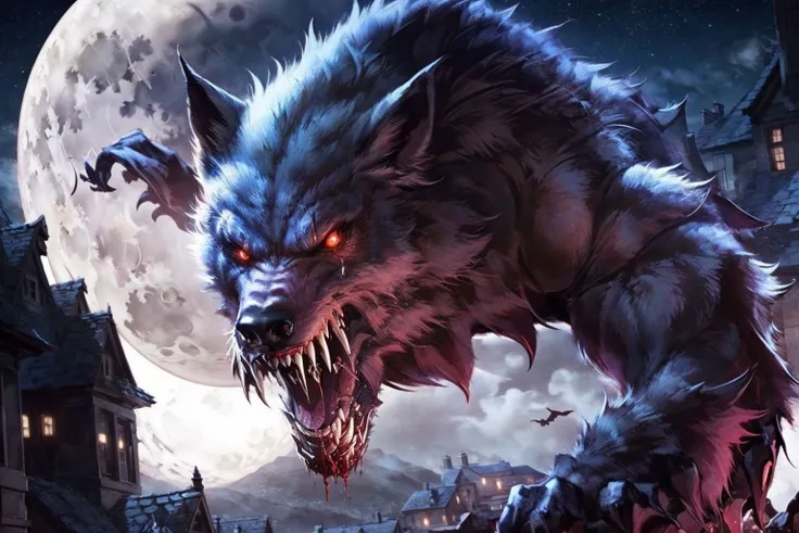 werewolf with bloody fangs, in a small medievil town, moon in the background <lora:werewolf_v1.0:1>