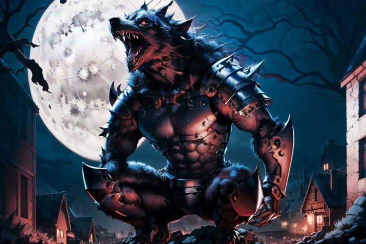 werewolf with bloody fangs, (wearing metal armor:1.4), in a small medievil town, moon in the background <lora:werewolf_v1.0:1>