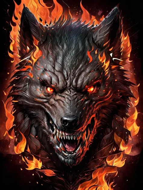 symetric werewolf head, with flames around it<lora:werewolf-sdxl:1>