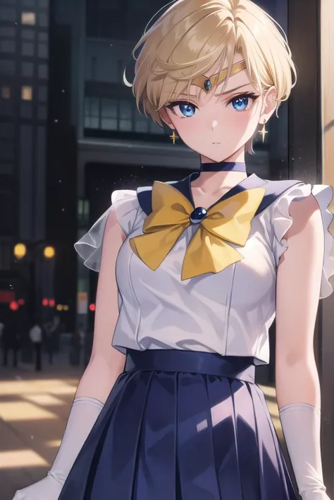 sailoruranus, <lyco:sailoruranus-lyco-nochekaiser:1>,
sailor uranus, blonde hair, blue eyes, (parted bangs:1.5), short hair, very short hair,
BREAK back bow, blue bow, blue choker, blue gemstone, blue sailor collar, blue skirt, bow, bowtie, choker, circlet, earrings, elbow gloves, gem, gloves, jewelry, miniskirt, pleated skirt, sailor collar, shirt, short sleeves, skirt, white gloves, white shirt, yellow bow, yellow bowtie,
BREAK outdoors, city,
BREAK looking at viewer, (cowboy shot:1.5),
BREAK <lyco:GoodHands-beta2:1>, (masterpiece:1.2), best quality, high resolution, unity 8k wallpaper, (illustration:0.8), (beautiful detailed eyes:1.6), extremely detailed face, perfect lighting, extremely detailed CG, (perfect hands, perfect anatomy),