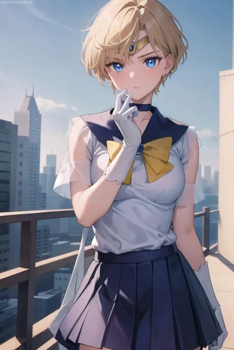 sailoruranus, <lyco:sailoruranus-lyco-nochekaiser:1>,
sailor uranus, blonde hair, blue eyes, (parted bangs:1.5), short hair, very short hair,
BREAK back bow, blue bow, blue choker, blue gemstone, blue sailor collar, blue skirt, bow, bowtie, choker, circlet, earrings, elbow gloves, gem, gloves, jewelry, miniskirt, pleated skirt, sailor collar, shirt, short sleeves, skirt, white gloves, white shirt, yellow bow, yellow bowtie,
BREAK outdoors, city,
BREAK looking at viewer, (cowboy shot:1.5),
BREAK <lyco:GoodHands-beta2:1>, (masterpiece:1.2), best quality, high resolution, unity 8k wallpaper, (illustration:0.8), (beautiful detailed eyes:1.6), extremely detailed face, perfect lighting, extremely detailed CG, (perfect hands, perfect anatomy),