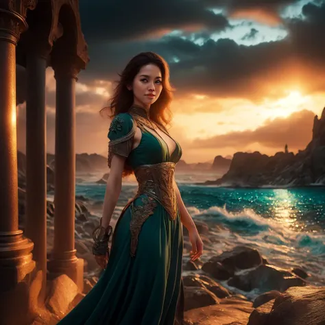photo, [a virtual reality world becomes a prison|a prophecy of a chosen one to defeat an ancient evil] francais Pretty Woman in Green Dress, Sunset Horizon, looks towards the camera and smiling, studio 10k, photo key image by Greg Rutkowski, Bloom, dramatic lighting, bloom, medium shot, mid-shot, highly detailed, trending on  , 4k, cinematic wallpaper by Stanley   Lau, RAW (to8contrast style:1) <lora:theovercomer8sContrastFix_sd21768:0.6>  <lora:johnsondesuv2-320-e1:0.6> (oceanicrealms:1) <lora:djzOceanicRealms_LB2:0.8>