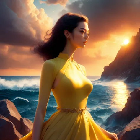 photo, francais Pretty Woman in Yellow Dress, staring toward horizon, sunset in background. By and Stanley Lau, RAW, canon, James Jean, Andrei Riabovitchev, Marc Simonetti, krenz cushimage, Sakimichan, trending on , digital image. 4k. 8k. highly detailed. award winning. dramatic. cinematic. concept image. (to8contrast style:1) <lora:theovercomer8sContrastFix_sd21768:0.6> <lora:johnsondesuv2-320-e1:0.6> (oceanicrealms:1) <lora:djzOceanicRealms_LB2:1>