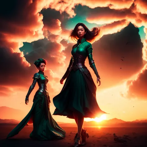 photo, [a human-alien hybrid fights for freedom|a prophecy of a chosen one to defeat an ancient evil] english Pretty Woman in Green Dress, Sunset Horizon, looks towards the camera and smiling, studio 10k, photo key image, Bloom, dramatic lighting, bloom, medium shot, mid-shot, highly detailed, trending on  , 4k, cinematic wallpaper by Stanley   Lau, RAW (to8highkey:1) <lora:to8sHighKeyLORASD21_sd21768:0.6>  <lora:johnsondesuv2-320-e1:0.6>  (fractalgeo:1) <lora:djzFractalGeo_LB2:0.8>