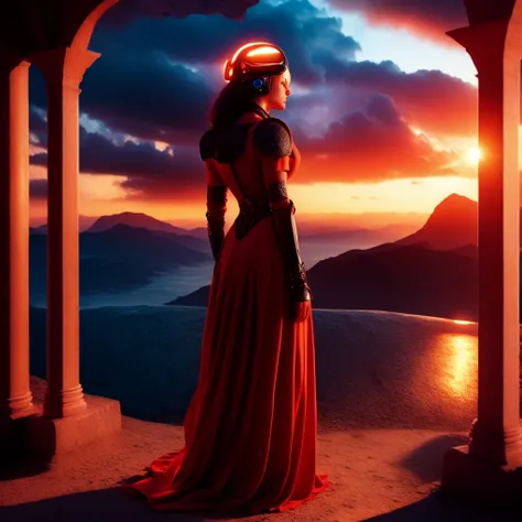 photo, [a virtual reality world becomes a prison|a prophecy of a chosen one to defeat an ancient evil] francais Pretty Woman in Red Dress, stares to the Sunset Horizon, photo scenery by  . 4k wallpaper, official media, beautiful, cinematic lighting, 8k, very detailed, high quality, wallpaper, award winning, trending on   and behance. amazing wallpaper. very beautiful. creative. incredible. (to8contrast style:1) <lora:theovercomer8sContrastFix_sd21768:0.6>  <lora:johnsondesuv2-320-e1:0.6>  (fractalgeo:1) <lora:djzFractalGeo_LB2:0.8>