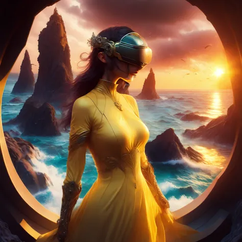photo, [a virtual reality world becomes a prison|a prophecy of a chosen one to defeat an ancient evil] francais Pretty Woman in Yellow Dress, staring toward horizon, sunset in background. By   and Stanley   Lau, RAW, canon, James Jean, Andrei Riabovitchev, Marc Simonetti, krenz cushimage, Sakimichan, trending on  , digital image. 4k. 8k. highly detailed. award winning. dramatic. cinematic. concept image. (to8highkey:1) <lora:to8sHighKeyLORASD21_sd21768:0.6>  <lora:johnsondesuv2-320-e1:0.6> (oceanicrealms:1) <lora:djzOceanicRealms_LB2:0.8>