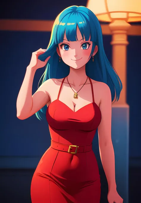 (8k, RAW photo, best quality, masterpiece:1.2), (intricate details), perfect eyes, perfect face, perfect lighting, beautiful, (masterpiece:1.2), (best quality:1.2), 1girl, solo, marinette, blue hair, ((long loosen hair)), adult torso, 19 years old, slight smile, huge sized breasts, (red gown sleeveless), cowboy shot, 3DMM, standing, front view sexy