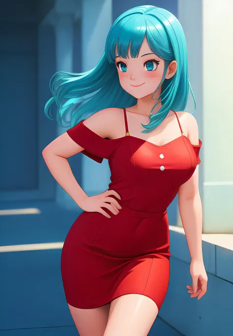 <lora:Maron:0.8>, Maron, 1girl, solo, Smirk, red dress, portrait, aqua hair,, (acclaimed, alluring, captivating, exciting, gorgeous, striking:1.3), (trending on CGSociety, trending on pixiv, contest winner:1.3)