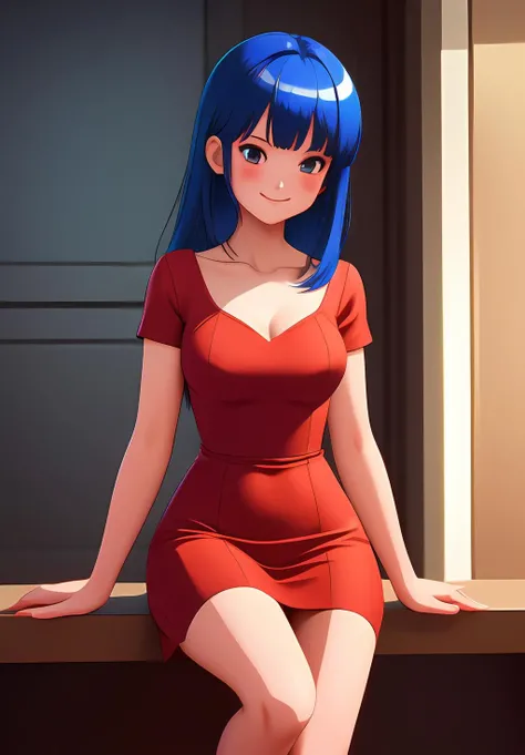 (8k, RAW photo, best quality, masterpiece:1.2), (intricate details), perfect eyes, perfect face, perfect lighting, beautiful, (masterpiece:1.2), (best quality:1.2), 1girl, solo, marinette, blue hair, ((long loosen hair)), adult torso, , slight smile, huge sized breasts, (plunging neck line red dress), cowboy shot, 3DMM, seated, front view