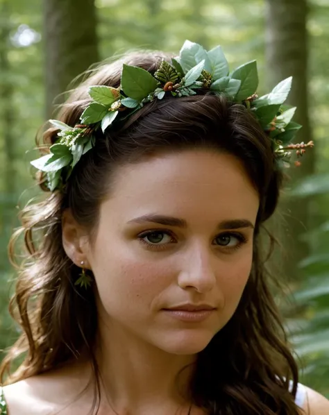close up portrait, eb1, as a forest nymph, upper body, forest background with green leaves, hair wreath, hyperrealistic, sharp focus, intricate <lora:ElaineBenes:.75>