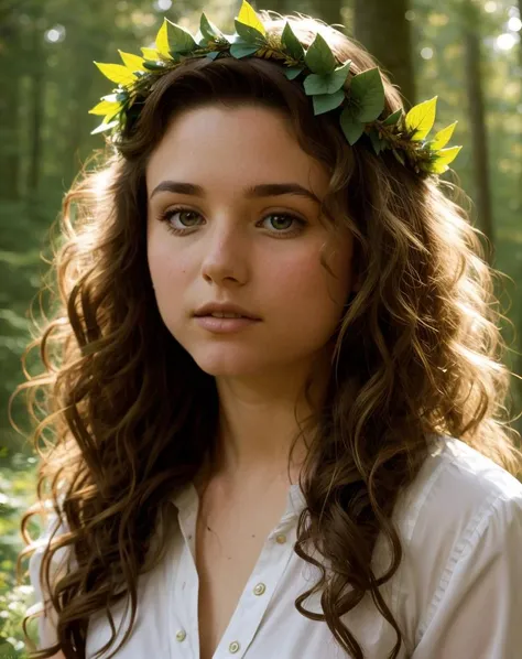 A portrait of a girl in a wet white dress, Shiny brown hair, Chamomile wreath on head, cloesup shot, Mystical forest in the background, HDR, tint, Cinematic, F/2.8, Lens Flare, Sunlight, Cinematic Lighting, ultra detailed