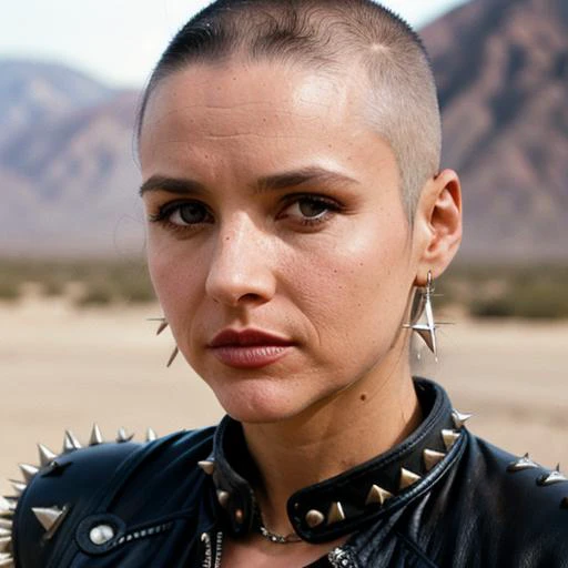 close up portrait, eb1, as post apocalyptic warrior, (shaved bald head), biker helmet, leather spiked collar, upper body, desert background, lipstick, hyperrealistic, sharp focus, intricate <lora:ElaineBenes:.75>