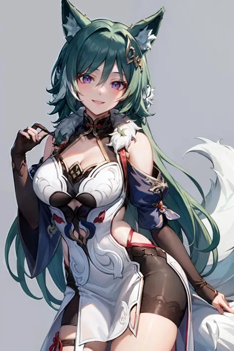 masterpiece, best quality, <lora:gyokuu-mver:1>,yukong,1girl,animal ears, long hair,green hair, purple eyes, hair ornament,black gloves,fur trim,bare shoulders,cleavage,detached sleeves,wide sleeves, dress,chinese clothes, smile, thigh strap, (wolf tail:1.2),grey background,