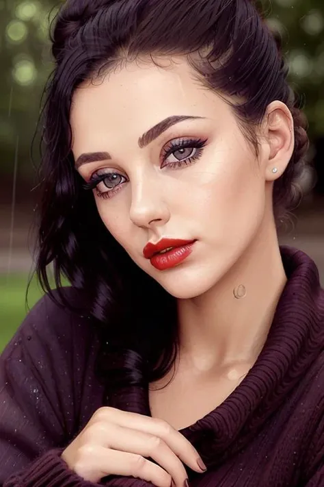 photo of a woman, <lora:marymfc-09:0.6>, marymfc,(serious), ((turltneck sweater):1.2), ((hair up, hair in bun, dark brown hair)), ((outdoors, rain):1.1), ((closeup, portrait)), ((red lipstick, makeup)), ((best quality, masterpiece, extreme details, high resolution):1.2),((detailed eyes, beautiful eyes, detailed face, beautiful face):1.2)