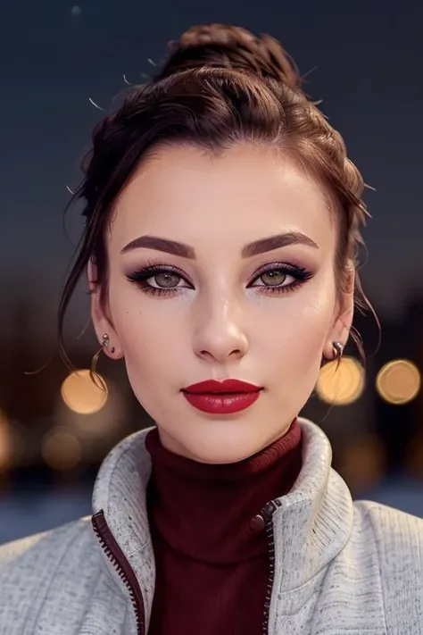 photo of a woman, ((hair up, hair in bun, dark brown hair)), ((turtleneck sweater, jacket)), ((closeup, portrait)), ((outdoors, city, at night, snow)),smiling, ((red lipstick, eyeliner, eye shadow, blush)), ((best quality, masterpiece, extreme details, high resolution):1.2),((detailed eyes, beautiful eyes, detailed face, beautiful face):1.2) <lora:marymfc-05:0.5>, marymfc,