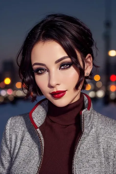 photo of a woman, ((short hair, dark brown hair)), ((turtleneck sweater, jacket)), ((outdoors, city, at night, snow)),smiling, ((red lipstick, eyeliner, eye shadow, blush)), ((best quality, masterpiece, extreme details, high resolution):1.2),((detailed eyes, beautiful eyes, detailed face, beautiful face):1.2) <lora:marymfc-05:0.5>, marymfc,