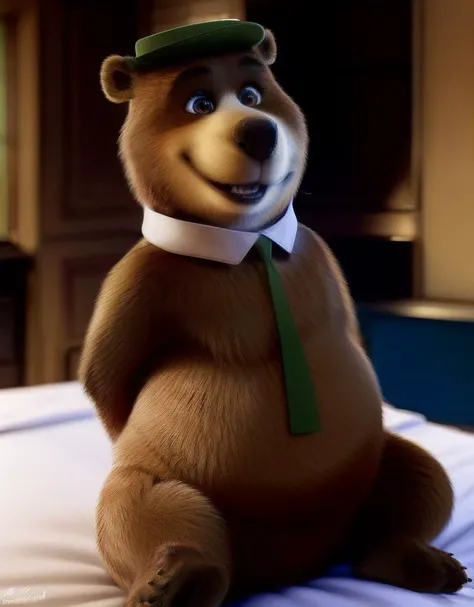 (by chunie, sqoon), Yogi, furry male anthro, bear boy, solo, brown penis, brown balls, (body fur:1.2), (best quality), (detailed fluffy fur, fur, furry body:1.2), looking at viewer, smile, nsfw, high quality, absurd res, photo manipulation, photography (artwork), thick thighs, sitting on top of table, uploaded to e621, <lora:Yogi:1>