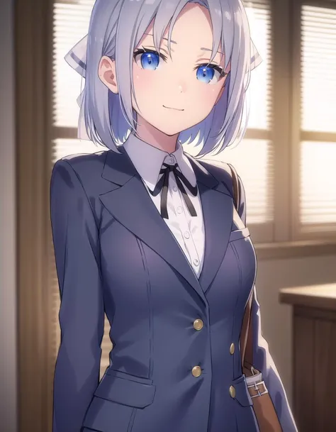 skyumi, <lora:sk yumi s1-lora-nochekaiser:1>,
yumi, short hair, blue eyes, grey hair, hair bow, (parted bangs:1.5),
BREAK shirt, long sleeves, ribbon, school uniform, jacket, white shirt, black ribbon, neck ribbon, buttons, grey jacket,
BREAK indoors, classroom,
BREAK looking at viewer, (cowboy shot:1.5), smile,
BREAK <lyco:GoodHands-beta2:1>, (masterpiece:1.2), best quality, high resolution, unity 8k wallpaper, (illustration:0.8), (beautiful detailed eyes:1.6), extremely detailed face, perfect lighting, extremely detailed CG, (perfect hands, perfect anatomy),
