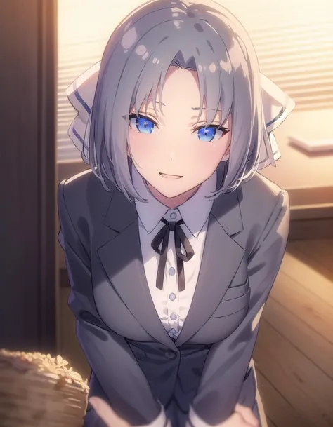 skyumi, <lora:sk yumi s1-lora-nochekaiser:1>,
yumi, short hair, blue eyes, grey hair, hair bow, (parted bangs:1.5),
BREAK shirt, long sleeves, ribbon, school uniform, jacket, white shirt, black ribbon, neck ribbon, buttons, grey jacket,
BREAK indoors, classroom,
BREAK looking at viewer, (cowboy shot:1.5), smile,
BREAK <lyco:GoodHands-beta2:1>, (masterpiece:1.2), best quality, high resolution, unity 8k wallpaper, (illustration:0.8), (beautiful detailed eyes:1.6), extremely detailed face, perfect lighting, extremely detailed CG, (perfect hands, perfect anatomy),
