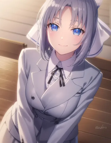 skyumi, <lora:sk yumi s1-lora-nochekaiser:1>,
yumi, short hair, blue eyes, grey hair, hair bow, (parted bangs:1.5),
BREAK shirt, long sleeves, ribbon, school uniform, jacket, white shirt, black ribbon, neck ribbon, buttons, grey jacket,
BREAK indoors, classroom,
BREAK looking at viewer, (cowboy shot:1.5), smile,
BREAK <lyco:GoodHands-beta2:1>, (masterpiece:1.2), best quality, high resolution, unity 8k wallpaper, (illustration:0.8), (beautiful detailed eyes:1.6), extremely detailed face, perfect lighting, extremely detailed CG, (perfect hands, perfect anatomy),