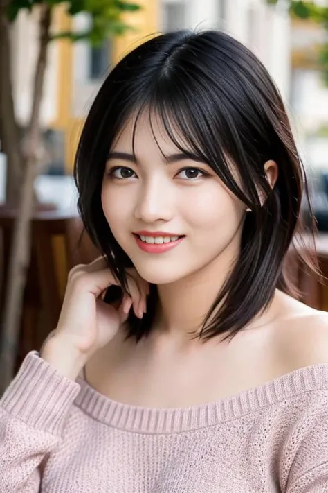 A close up of a woman with a pink sweater posing for a picture - SeaArt AI