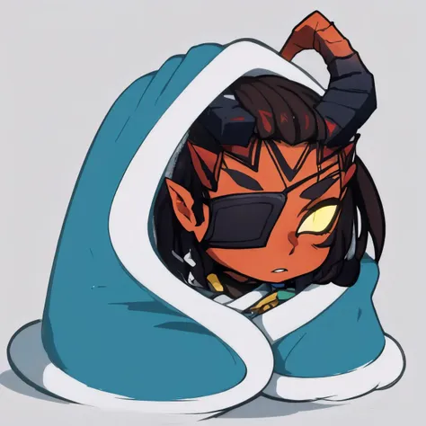 (masterpiece, best quality), killisub, colored skin, glowing eyes, no pupils, yellow eyes, colored sclera, eyepatch, <lora:KilliSubverse_V1-Manityro:1.0>, cozyblanket, chibi, simple background, <lora:cozyblanket-nvwls-v1:1>,