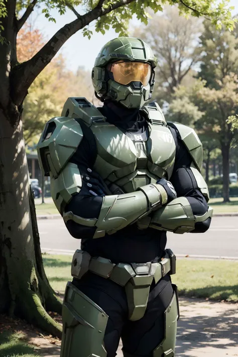 master_chief, male, muscular, (helmet), green armor, arms crossed, standing,
outside, park, tree, changing seasons, summer to fall, natural lighting, extreme detail, hdr, <lora:Lora_MC:.7>