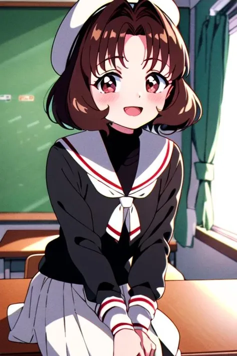 masterpiece, best quality, <lora:sasaki_rika:0.7> sasaki_rika, 1girl, solo, brown hair, brown eyes, short hair, smile, open mouth, blush, school uniform,black sweater, white headwear, looking at viewer, indoors, classroom, anime coloring, 1990s \(style\),