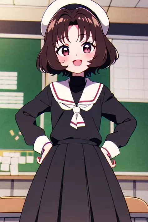 masterpiece, best quality, <lora:sasaki_rika:0.7> sasaki_rika, 1girl, solo, brown hair, brown eyes, short hair, smile, open mouth, blush, school uniform,black sweater, white headwear, looking at viewer, indoors, classroom, anime coloring, 1990s \(style\), standing, hands on hips,