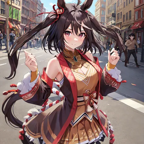 ((masterpiece, best quality)),<lora:Kitasan Black:0.6>,1girl,horse ears,(street),dancing