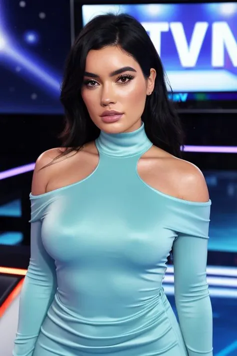 best quality (raw:1.1) photo of (cjsxx:0.99),  ((television makeup:1.2)), (high neck light blue dress with collar:1.2), ((at a tv game show:1.2)), (closeup:1.2:1.2), RAW candid cinema, 16mm, color graded portra 400 film, remarkable color, ultra realistic, textured skin, remarkable detailed pupils, realistic dull skin noise, visible skin detail, skin fuzz, dry skin, shot with cinematic camera, detailed skin texture, (blush:0.2), (goosebumps:0.3), subsurface scattering