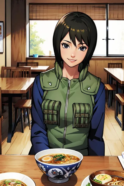 masterpiece, best quality, shizune, vest, long sleeves, pants, indoors, table, sitting, bowl of ramen, smile, 1girl, <lora:shizune-nvwls-v1-000011:0.9>