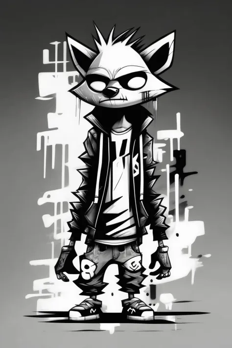 <lora:Skottie Young Style:1>Skottie Young Style - full body minimal stylized cyberpunk graffiti cartoon raccoon gang member black and white in the style of skottie young