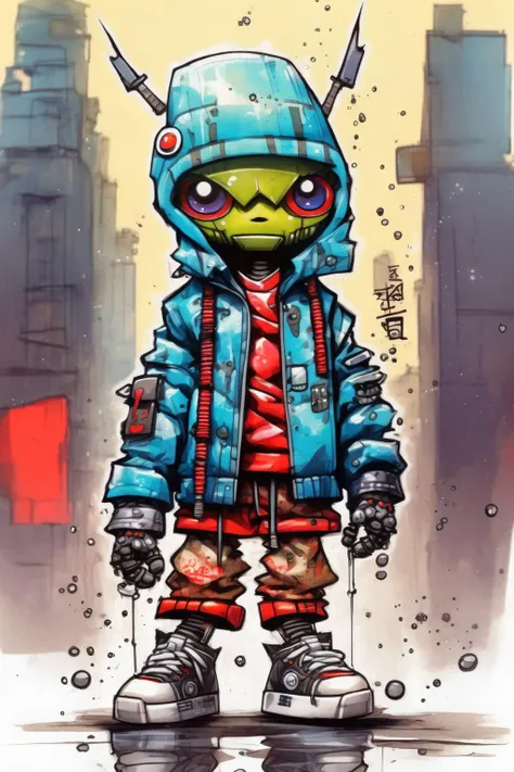 <lora:Skottie Young Style:1>Skottie Young Style - urban chibi samurai robot wearing a bubble jacket and large sneakers