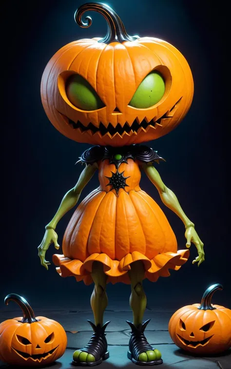 professional 3d model <lora:Skottie Young Style:1>sculpture of a alien creature. Full body. Rendered in Skottie Young's signature style of Halloween, jack-o'-lantern, (pumpkin dress:1.2). (dynamic pose:1.5), SKOTTIE YOUNG STYLE 
 . octane render, highly detailed, volumetric, dramatic lighting