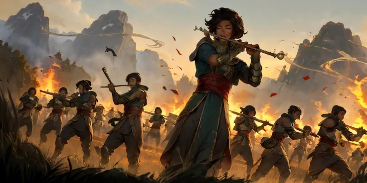 HEZI,LOL,\\\(lol style\\\),game cg,flute,playing instrument,instrument,multiple boys,weapon,multiple girls,fire,black hair,music,closed eyes,battle,holding,outdoors,armor,standing,mountain,sword,short hair,2girls,holding weapon,long hair,6+boys,sash,dark skin,<lora:LOLè¾æ¬§å°¼äº(8bit)2-000008:0.7>,