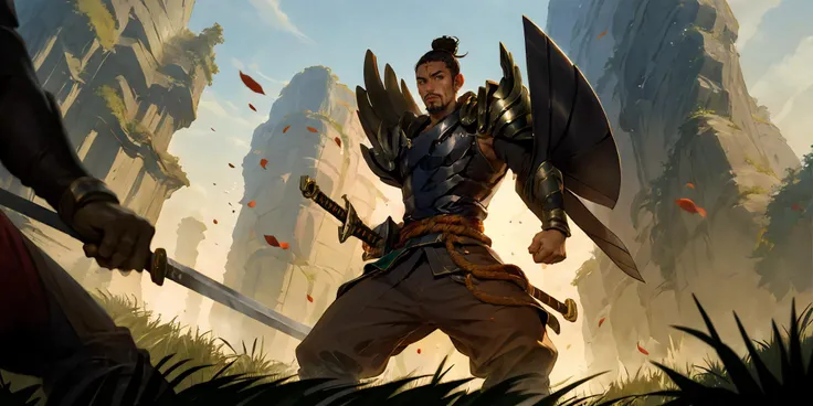 yasuo, league of legends, yasuo_(league_of_legends), 1boy, weapon, male focus, sword, facial hair, solo, beard, sheath, ponytail, brown hair, holding, long hair, holding weapon, armor, brown eyes, outdoors, holding sword, katana, muscular, tree, looking at viewer
