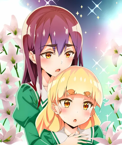 green uniform, ShirakiHime; YanoMitsuki; multiple girls, 2girls, sweatdrop, sparkle, open mouth, flower, blush, :o, yuri, thick eyebrows, school uniform, hand on another's shoulder, yuri flower
  <lyco:watayuriep03_exract25176_convP01_linearP035:1.0>