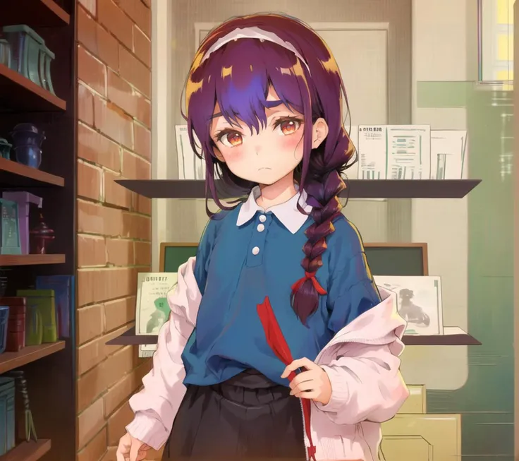 (YanoMitsuki child);  ***********, 1girl, solo, blue shirt, side braid, bangs, blurry, collared shirt, closed mouth, shirt,  looking at viewer, bookshelf, at school, indoors, blush, white hairband, looking aside
<lyco:watayuriep03_exract25176_convP01_linearP045:1.0>