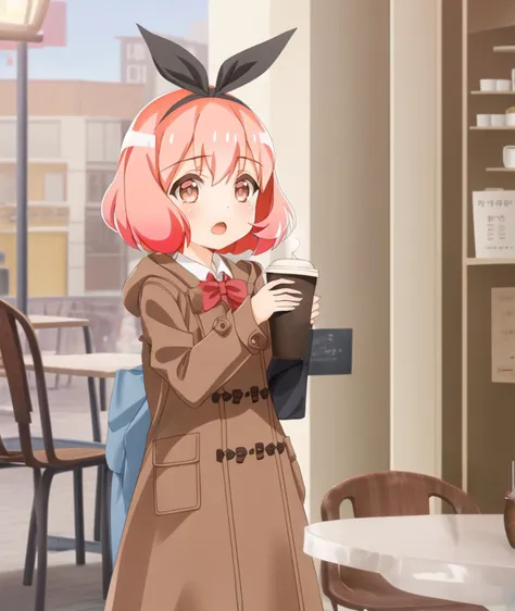 KoshibaMai; 1girl, solo bow, collared shirt, shirt, long skirt, cafe, red bowtie, parody, blurry, bangs, white shirt, shiny, skirt, school uniform, coat, red bow, brown coat, blurry background, open mouth, bowtie, holding coffee , lamp, 
 <lyco:watayuriep03_exract25176_convP01_linearP035:1.0>