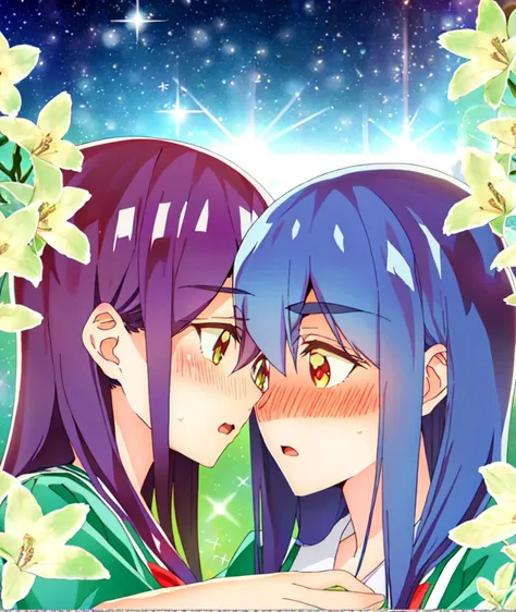 MamiyaKanoko, YanoMitsuki with green uniform; multiple girls, ((2girls)), sweatdrop, sparkle, open mouth, flower, blush, :o, yuri, thick eyebrows, school uniform, hand on another's shoulder, yuri flower
<lyco:watayuriep03_exract25176_convP01_linearP045:1.0>