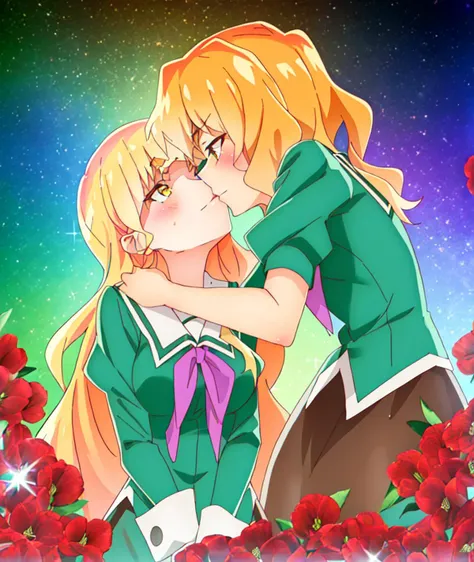 (ShirakiHime), (ChibanaSumika),  green uniform; multiple girls, ((2girls)),  sparkle, flower, blush, yuri, thick eyebrows, school uniform, hand on another's shoulder, yuri flower, light smile, kiss
<lyco:watayuriep03_exract25176_convP01_linearP045:1.0>