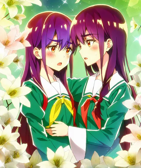 YanoMitsuki child, ***********, YanoMitsuki with green uniform; multiple girls, ((2girls)), sweatdrop, sparkle, open mouth, flower, blush, :o, yuri, thick eyebrows, school uniform, hand on another's shoulder, yuri flower
<lyco:watayuriep03_exract25176_convP01_linearP045:1.0>