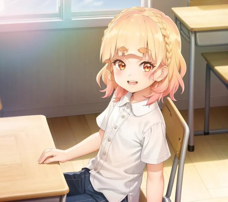 (ShirakiHime );  littl, short hair, 1girl, solo, sitting on chair, desk, smile, indoors, blush, collared shirt, happy, blunt bangs, :d, classroom, ^ ^, open mouth,   teeth,  school desk,  shirt, white shirt, bangs, braid, windows, sunshine, cinematic angle
<lyco:watayuriep03_exract25176_convP01_linearP045:1.0>