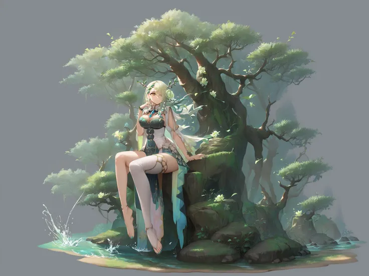 (grey background:1.2),score_9, score_8_up, score_7_up, score_6_up,<lora:GachaAzurLaneXLP6lokrV4236T3:0.95>, 1girl, breasts, smile, fauna, fauna_base, long hair, antlers, braided bangs, two-tone dress, jewelry, white thighhighs, single thighhigh, green nails, green rose, mole under eye, sitting on a rock, forest, trees, <lora:faunaXL:1>, splash art, gacha splash art, large breasts, toes, shoeless, detailed face, detailed eyes,