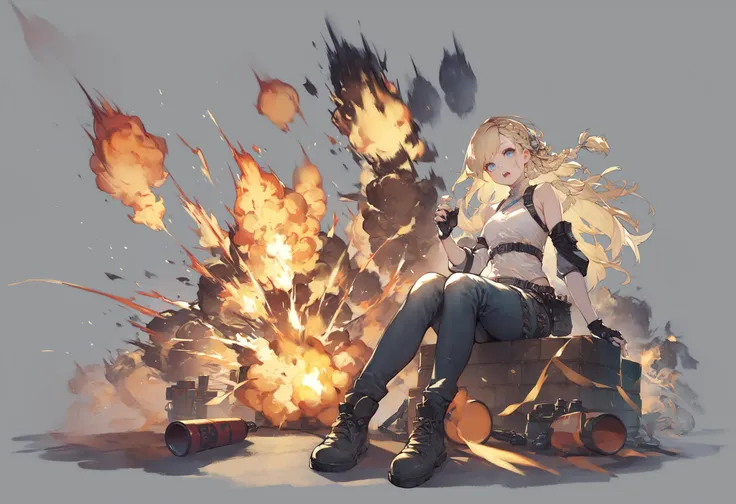 grey background, score_9, score_8_up, score_7_up, score_6_up, <lora:GachaAzurLaneXLP6lokrV4236T3-000132:0.95> 1girl, solo, blonde hair, blue eyes, gloves, sitting, looking at viewer, explosive, braid, pants, fingerless gloves, hair ornament, long hair, black gloves, explosion, detached sleeves, open mouth, grenade, fire