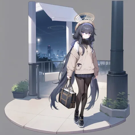 grey background, masterpiece, best quality, <lora:GachaAzurLaneXL_ANI31_lokr_V4236:0.95> 1girl, ui \(blue archive\), halo, solo, black pantyhose, cardigan, pantyhose, long hair, round eyewear, glasses, bags under eyes, hat, shirt, looking at viewer, white shirt, black hair, holding bag, collared shirt, black headwear, long sleeves, black footwear, purple eyes, closed mouth, smile, crossed bangs, twintails, bag, sweater vest, full body, eyewear strap, hair between eyes, alternate costume, low twintails, jewelry, shoes, blush, standing, open clothes, holding, blue eyes, jacket, night, grey cardigan, very long hair, necklace, purple hair, brown cardigan, beret, yellow halo