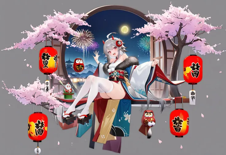 grey background, masterpiece, best quality, <lora:GachaAzurLaneXL_ANI31_lokr_V4236:0.95> 1girl, thighhighs, long hair, horns, solo, white thighhighs, red eyes, japanese clothes, kadomatsu, fireworks, grey hair, ahoge, sitting, hair ornament, looking at viewer, kimono, lantern, multicolored hair, cherry blossoms, open mouth, wide sleeves, moon, fur trim, tree, night, full body, sandals, gradient hair, bamboo, skindentation, smile, daruma doll, okobo, full moon, new year, sash, window, long sleeves, branch, off shoulder, obi, night sky, geta, very long hair, paper lantern, official alternate costume, thighs, sky, platform footwear, bare shoulders, pom pom \(clothes\)
